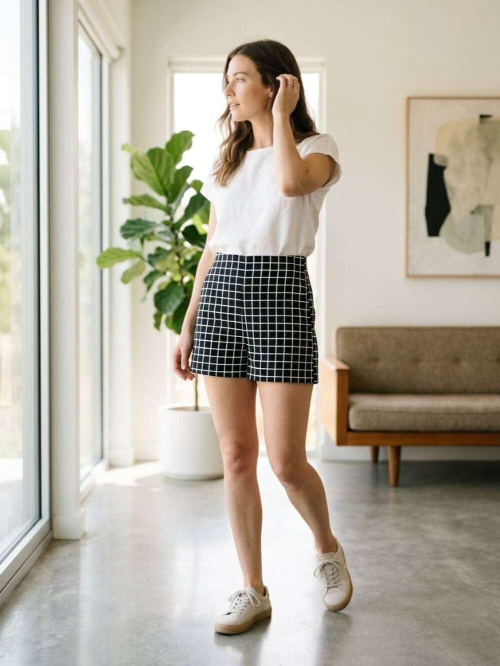 Zara Women Black White Check High Waisted Wide Leg Slit Pockets Shorts Size S